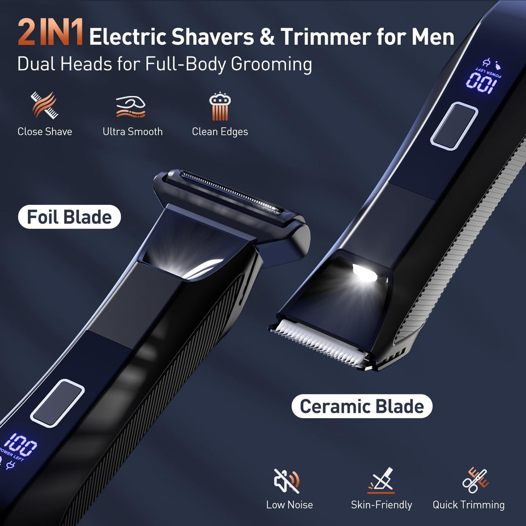 Men's 2-in-1 Body Grooming Trimmer & Shaver - Waterproof Electric Razor with Dual Blades, LED Light, USB-C Charging