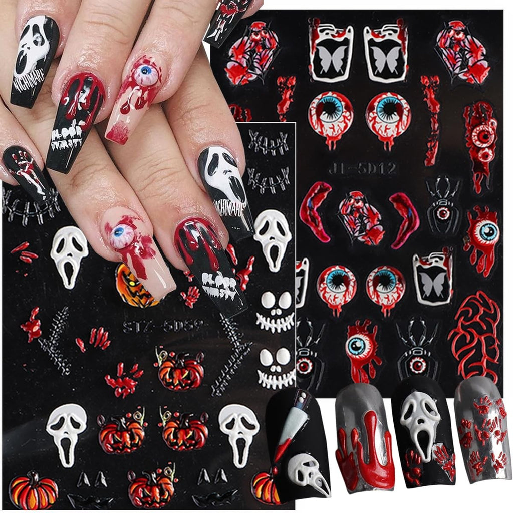 Halloween Nail Stickers 8 Sheets 5D Embossed Skull & Gothic Designs