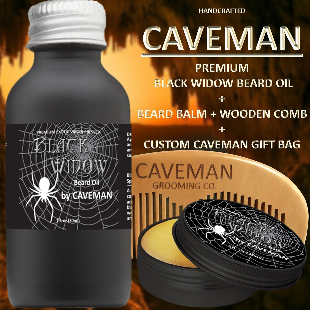 Premium Beard Oil Set with Balm and Wooden Comb - Caveman Black Widow Edition
