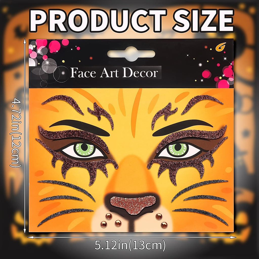 Temporary Glitter Face Tattoos - Animal Print Gems (2 Sheets) for Halloween & Costume