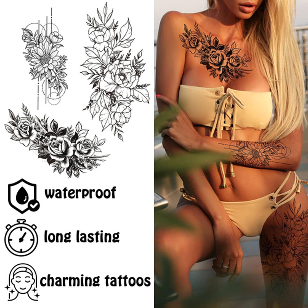 Temporary Floral Arm Sleeve Tattoos for Women – Realistic Long-lasting Water-Resistant