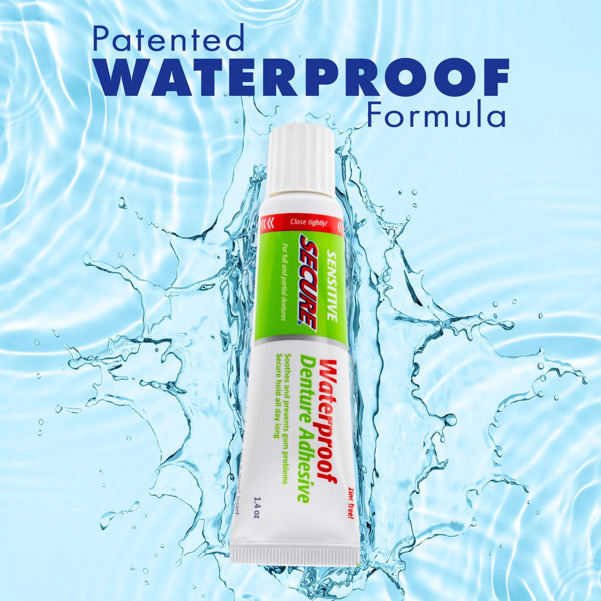 Waterproof Denture Adhesive with Aloe Vera for Sensitive Gums - Zinc-Free, 12-Hour Hold