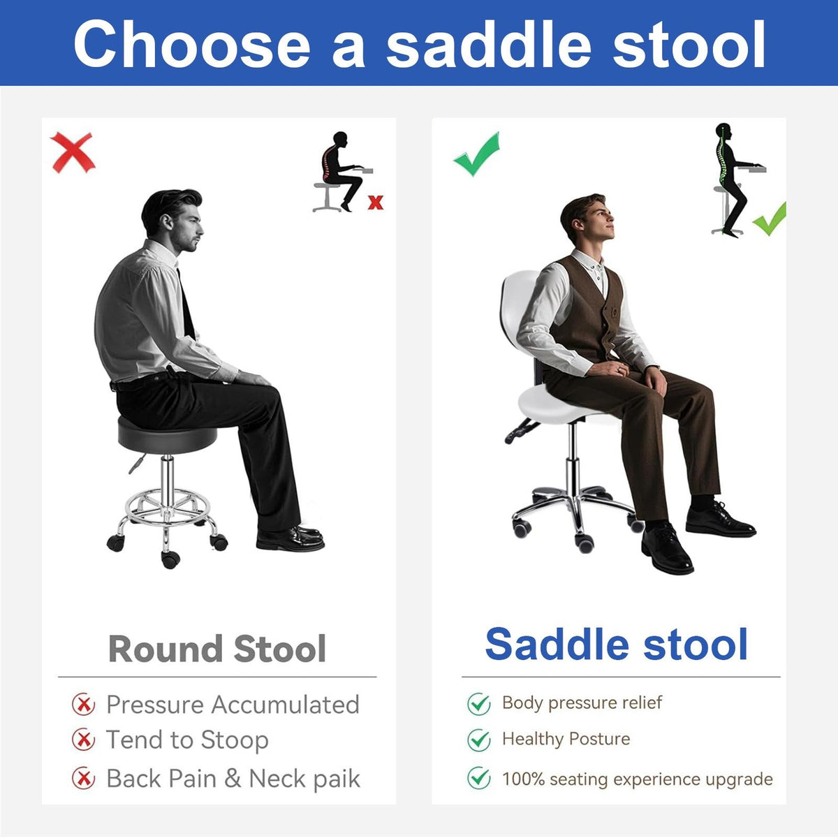 Heavy-Duty Ergonomic Saddle Stool with Back Support and Height Adjustment