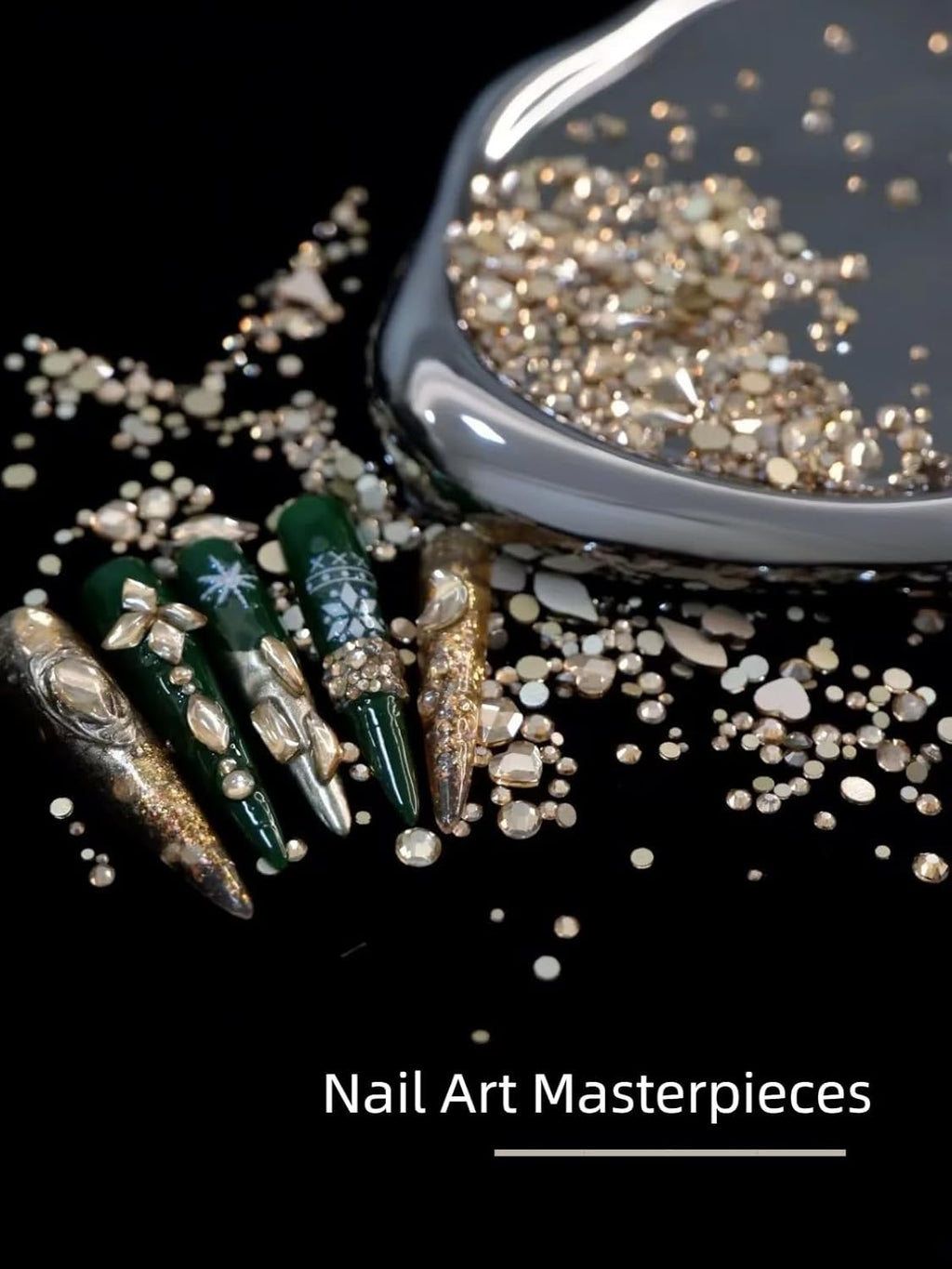 6080Pcs Gold Nail Art Rhinestones Kit with 20 Shapes and Tweezers
