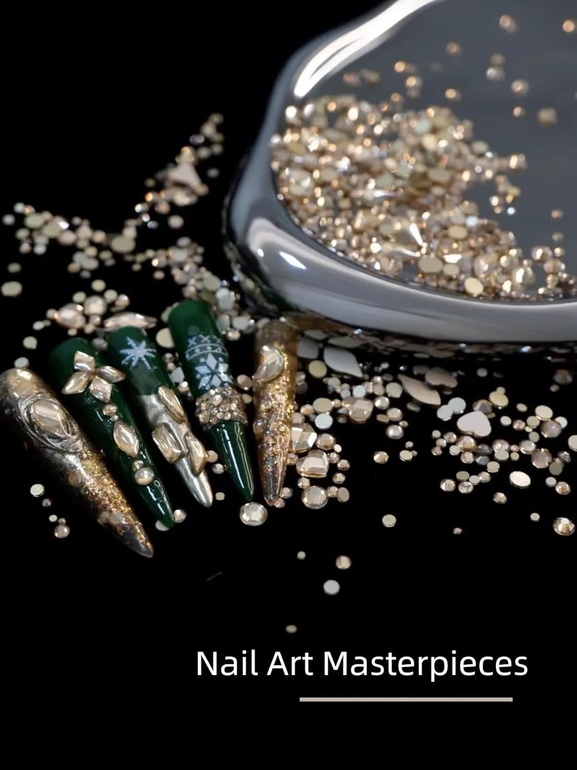 6080Pcs Gold Nail Art Rhinestones Kit with 20 Shapes and Tweezers