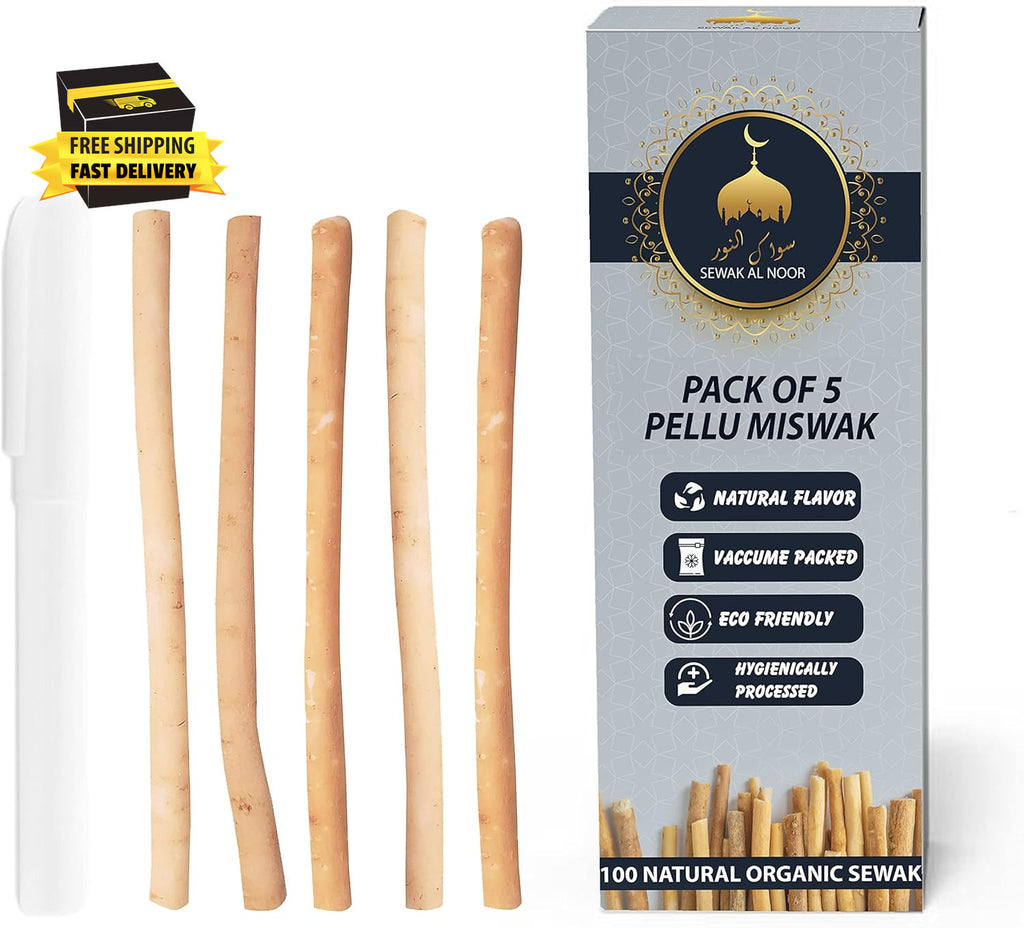 Natural Miswak Tooth Sticks with Holder - Pack of 5, Oral Hygiene & Whitening