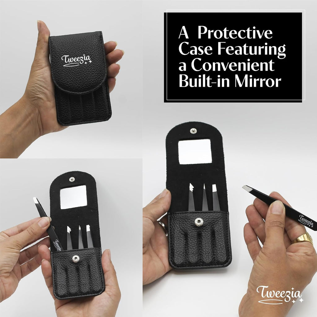 Stainless Steel Precision Tweezers Set with Mirror Case - 4 Piece Eyebrow & Facial Grooming Kit