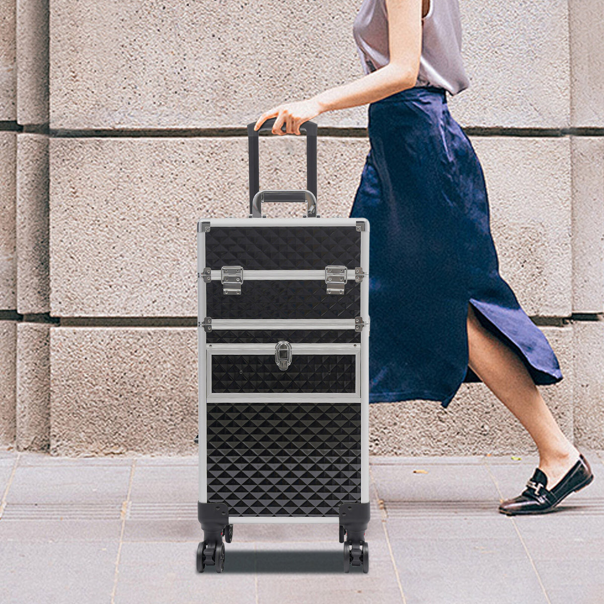 Rolling Makeup Case Travel Cosmetic Storage Trolley with Lock & Handle