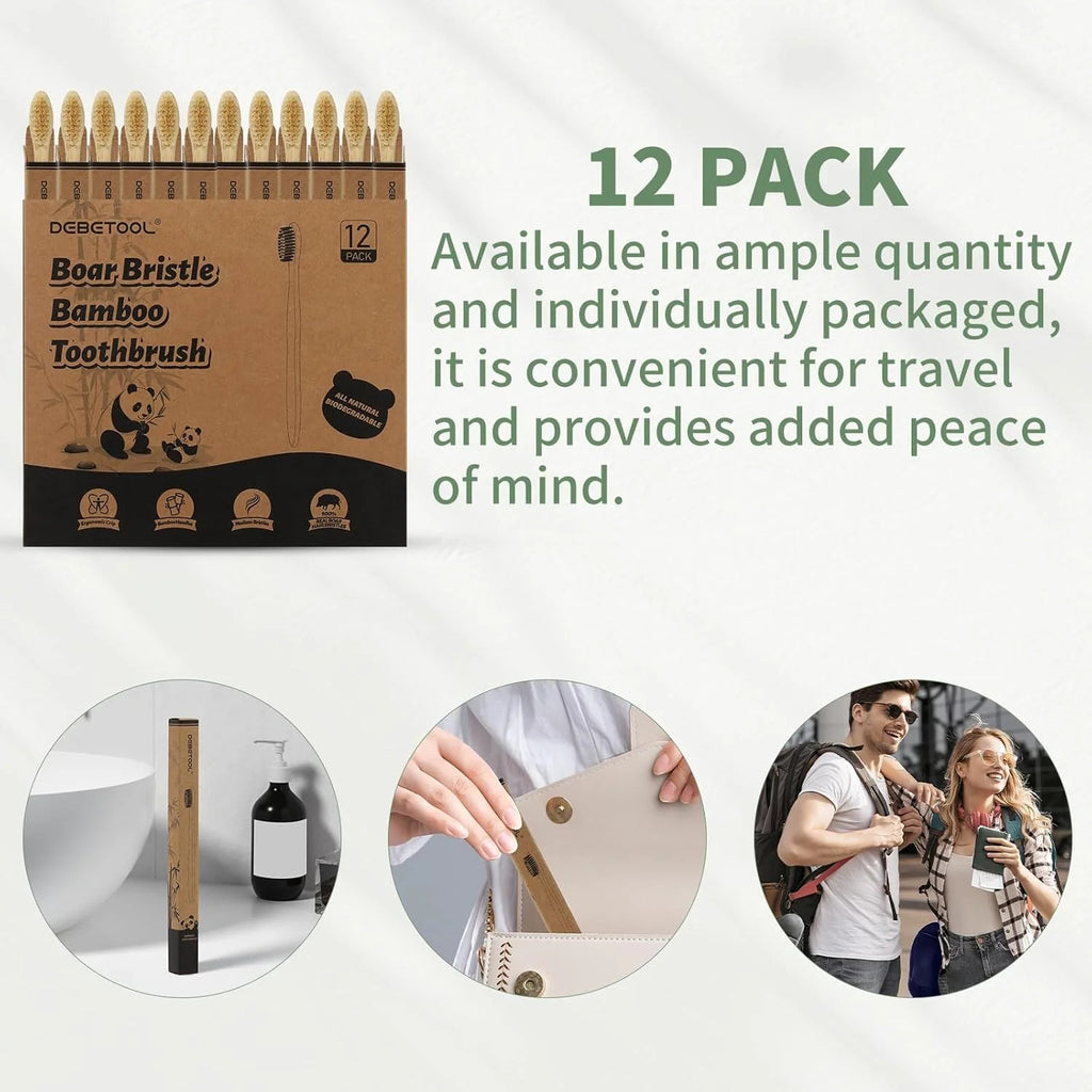 Natural Bamboo Toothbrush Set with Boar Bristles - Eco-Friendly 12 Pack