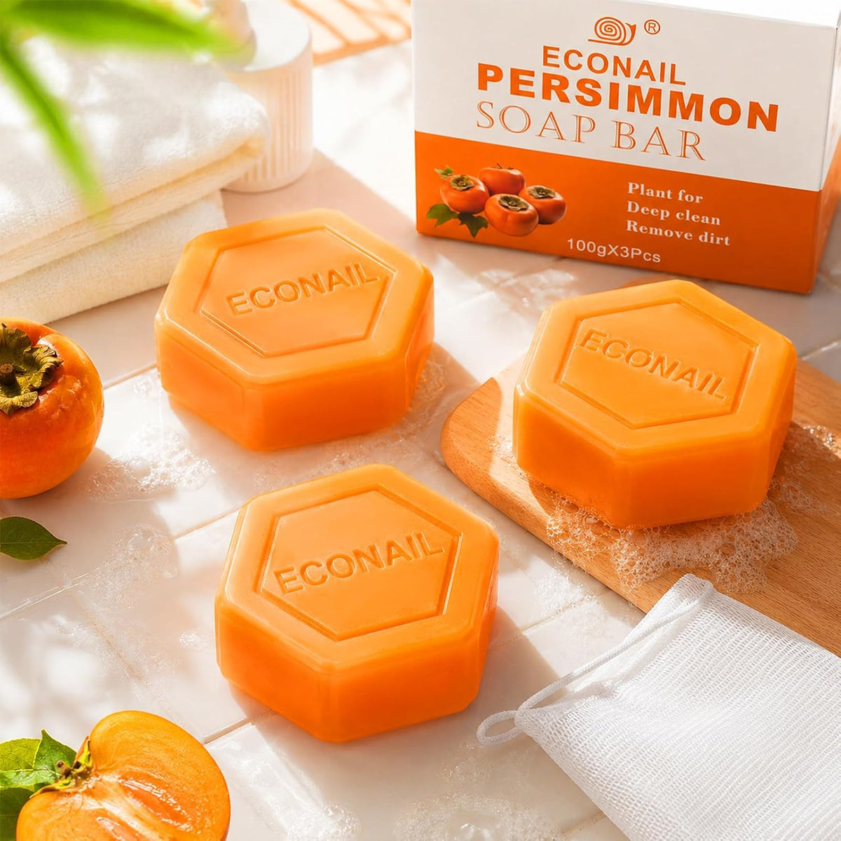 Persimmon Deodorant Bar Soap for Body Odor & Foot Freshness - Natural Cleansing with Mesh