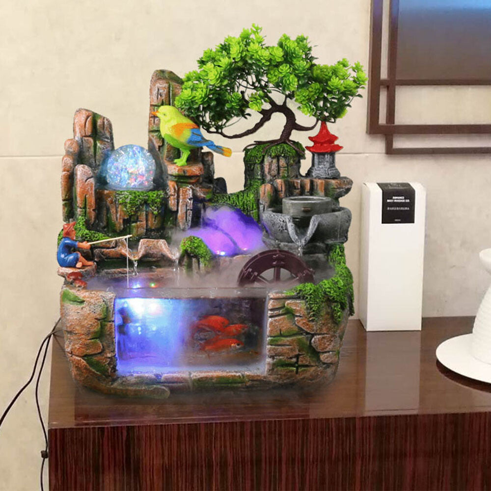 Feng Shui Desktop Rockery Waterfall Fountain with LED Atomizing Effect for Office Decor