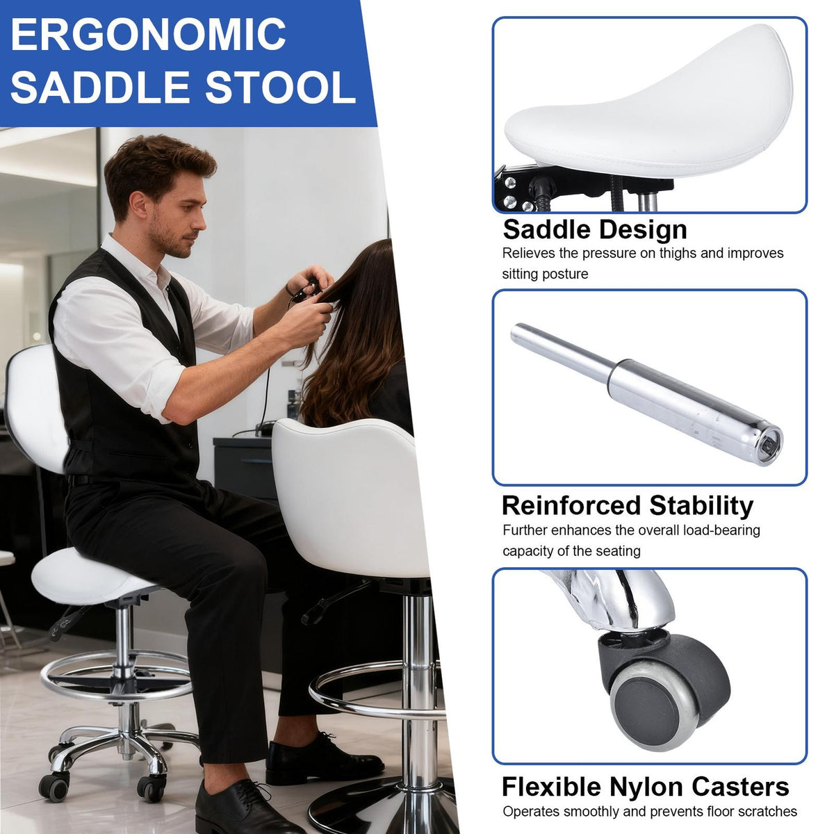Hydraulic Saddle Seat Salon Stool with Adjustable Height & 360° Swivel