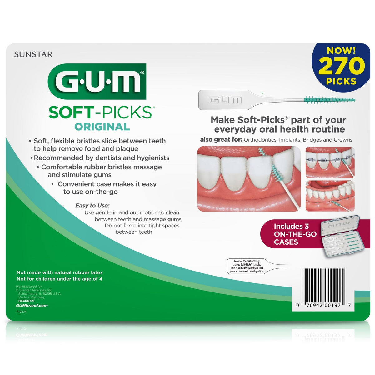 GUM Soft-Picks Oral Care Travel Pack - 270 Disposable Dental Picks with Case