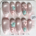 Reusable Handmade French Tip Flower Press-On Nails – Medium Oval Size M