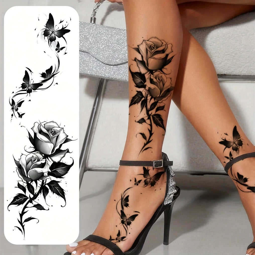 Black Flower Butterfly Temporary Tattoo Stickers Waterproof for Body Arm Leg Chest