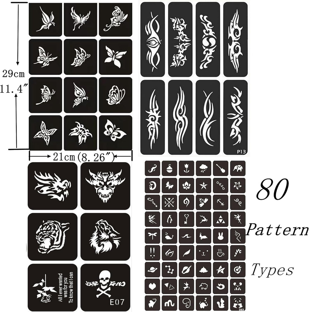Temporary Tattoo Markers for Skin – 10 Count with 80 Large Stencils