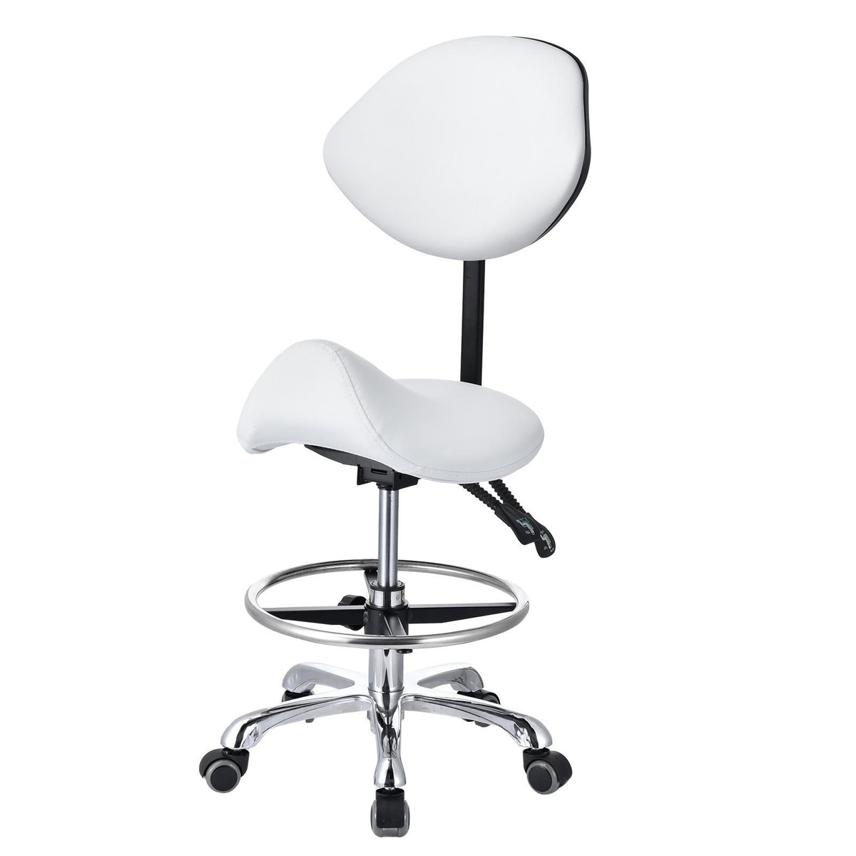 Adjustable PU Leather Bar Stool with Wheels & Backrest - White