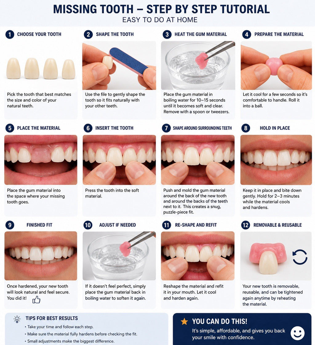 Missing Tooth Kit for Front Teeth Replacement Acrylic Teeth Set - A2 Shade