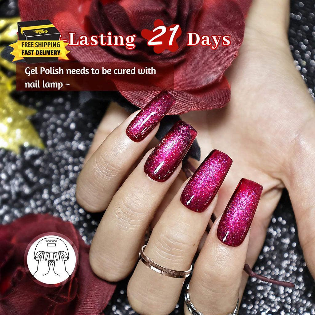 Cat Eye Gel Nail Polish Set with Base & Top Coat - Burgundy Red & Magnet Stick