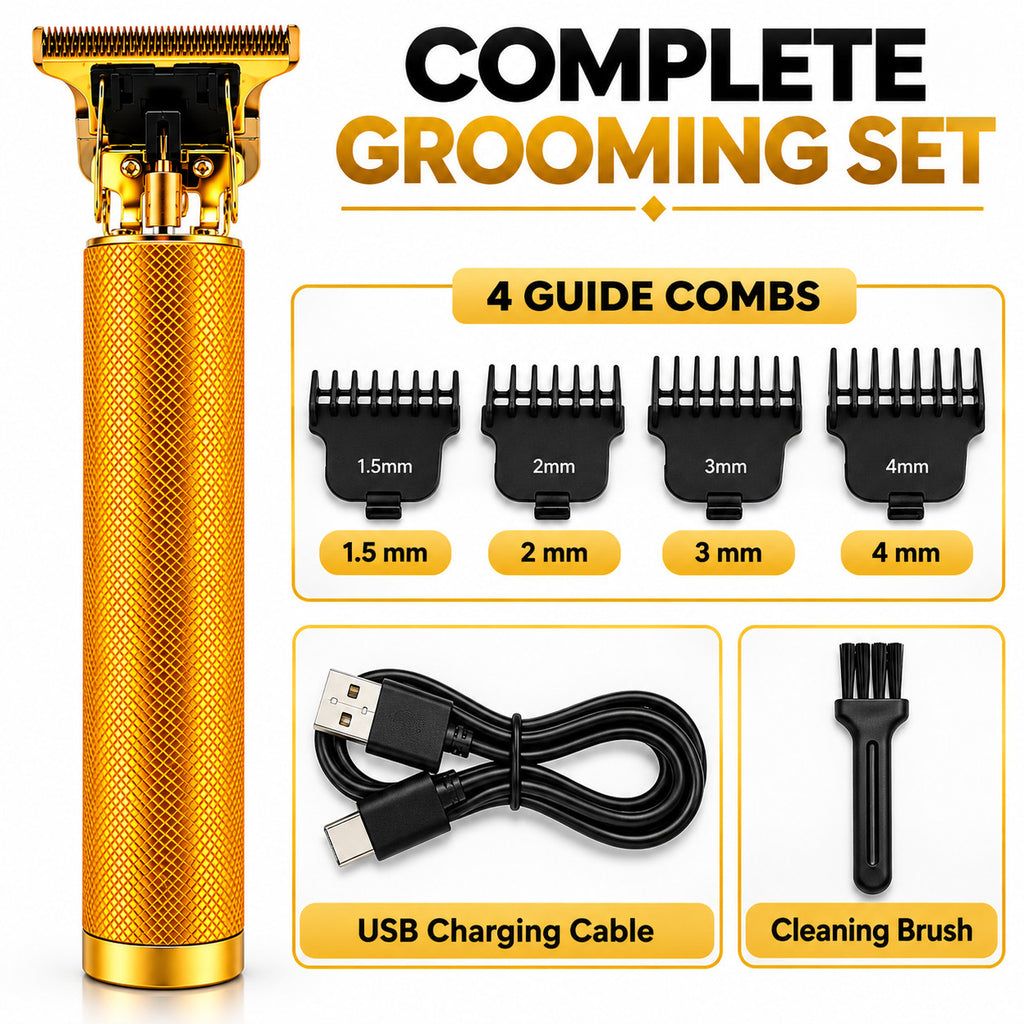 Cordless Beard Trimmer with T-Blade and Gold Finish - USB Rechargeable Men’s Grooming