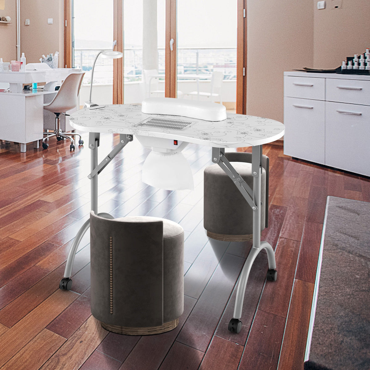 Folding Manicure Nail Table with Wheels, Electric Dust Collector & LED Lamp