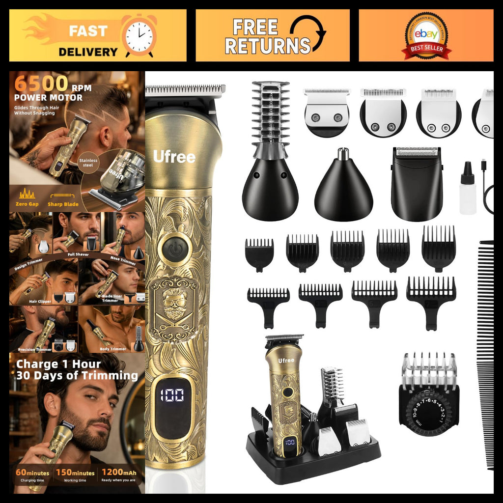 Professional Men's Beard Trimmer Kit with Adjustable Comb & Cordless Rechargeable Razor