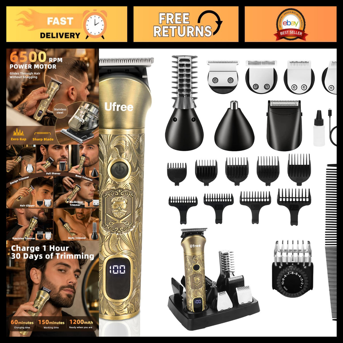 Professional Men's Beard Trimmer Kit with Adjustable Comb & Cordless Rechargeable Razor