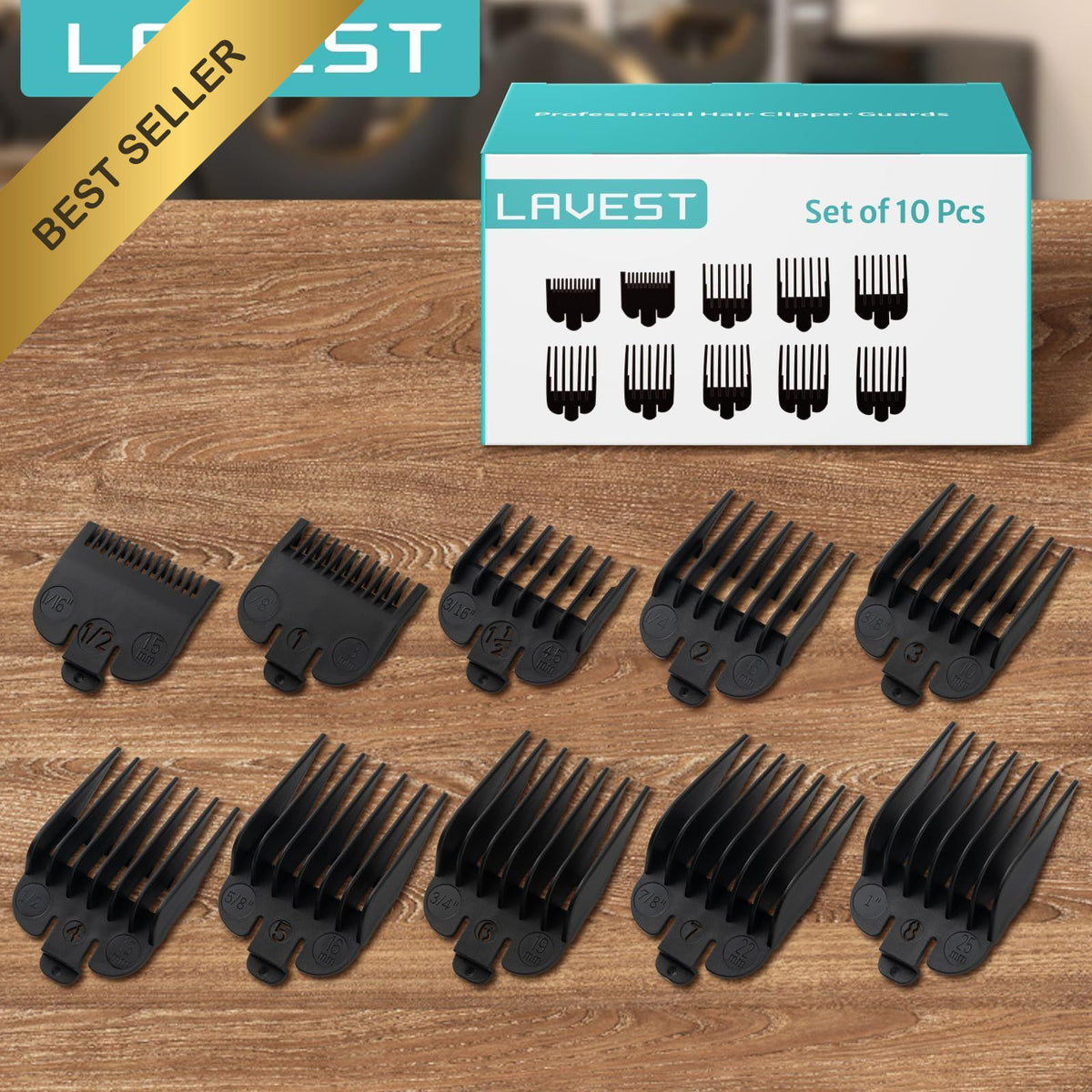 10-Piece Clipper Guard Set for Wahl Hair Clippers - Replacement Guides, Black