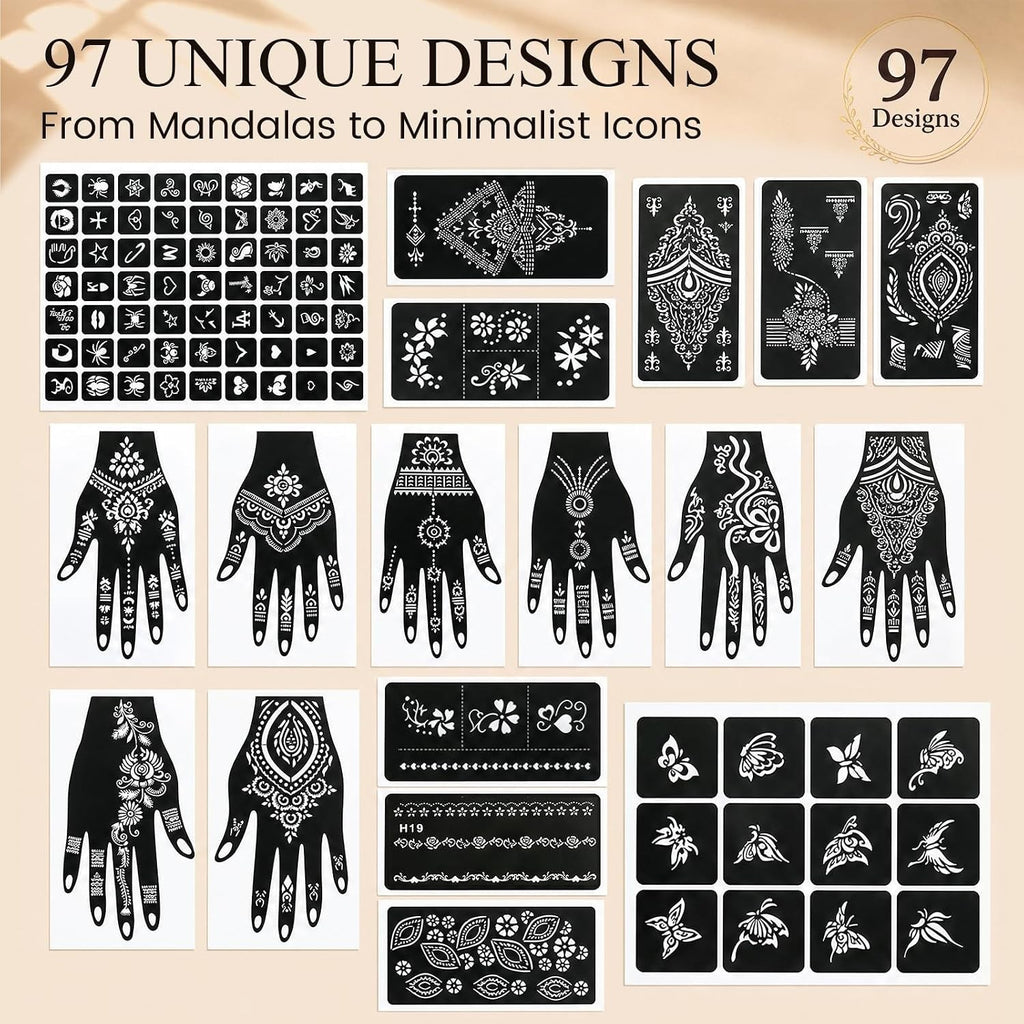 Henna Tattoo Stencil Kit – 97 Designs, Reusable Mehndi Templates, 18 Sheets