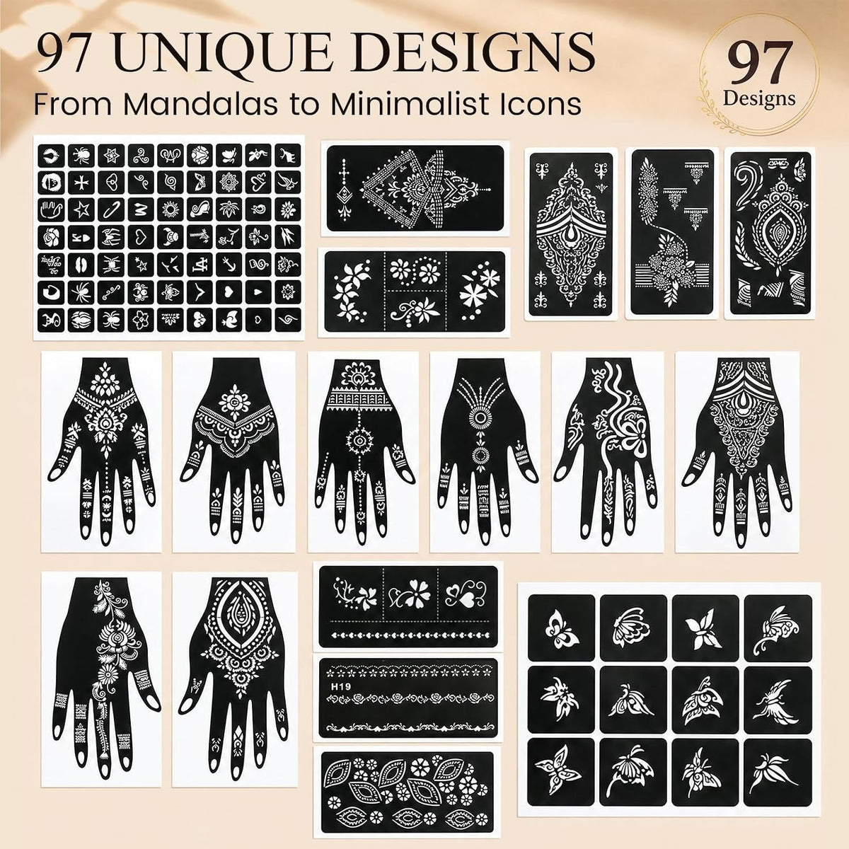 Henna Tattoo Stencil Kit – 97 Designs, Reusable Mehndi Templates, 18 Sheets
