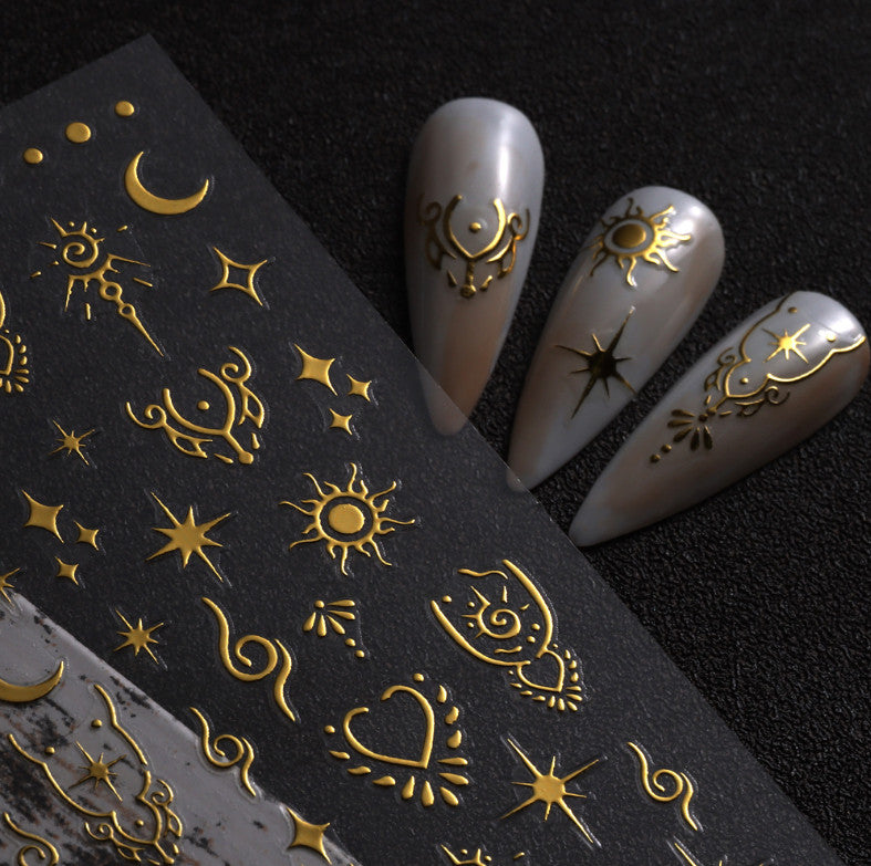 Retro Star Moon Metallic Nail Stickers - Gold Silver Laser 3D Nail Art