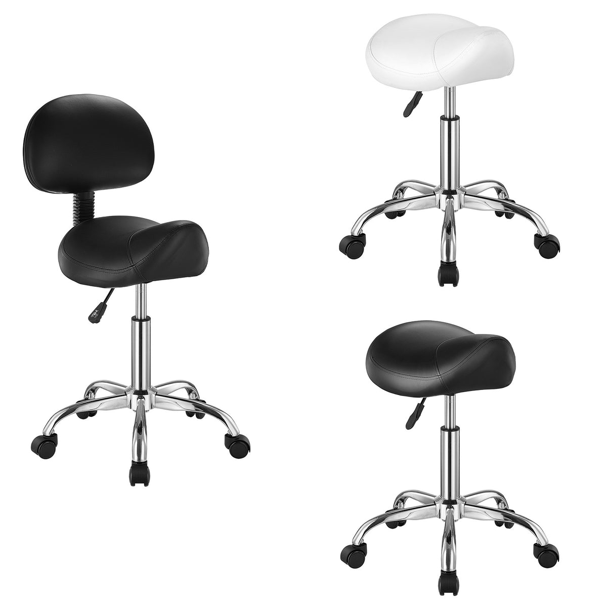 Adjustable Saddle Stool with Wheels and Backrest - PU Leather, Heavy Duty