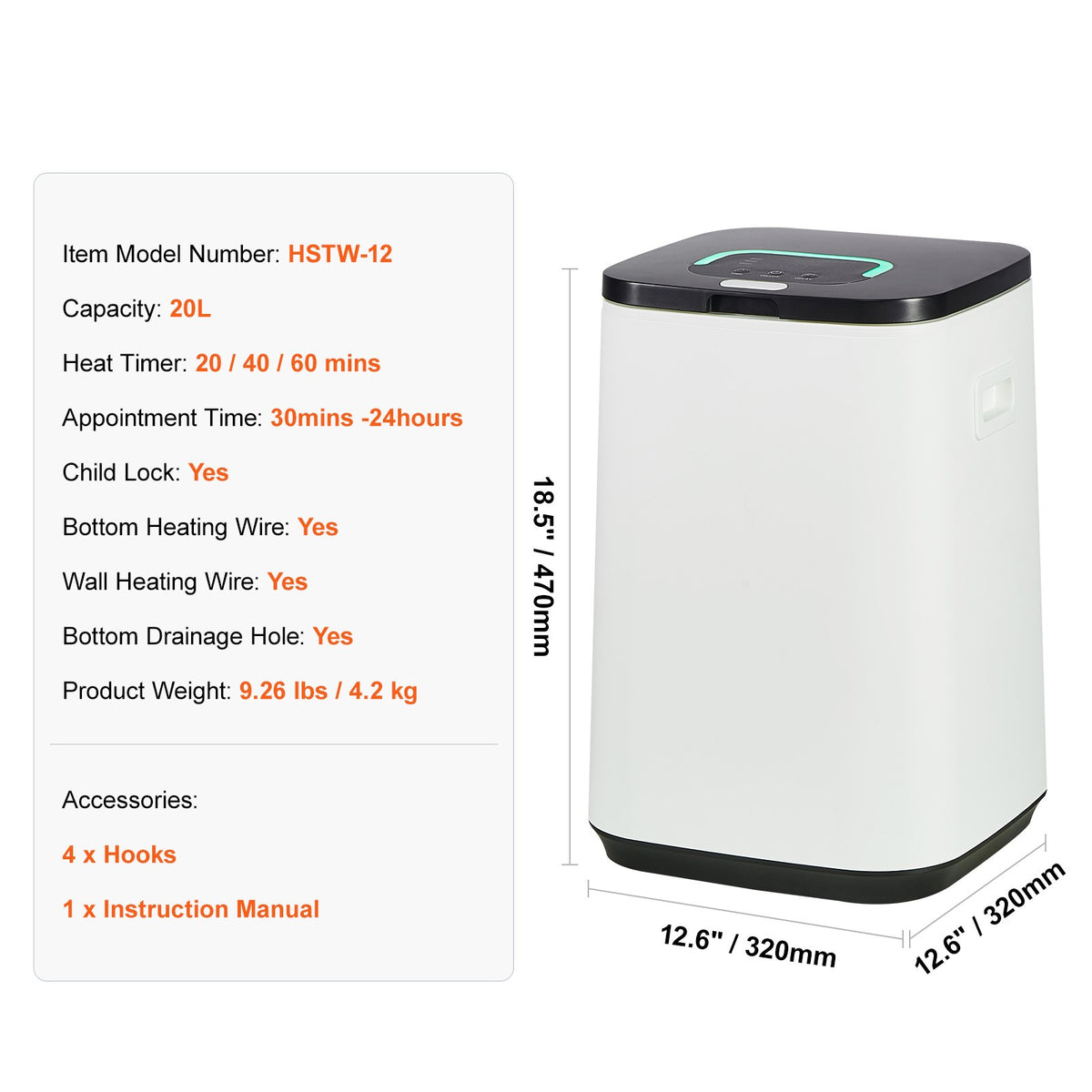20L Large Towel Warmer Bucket with LED Screen, Timer & U-Shaped Light, White