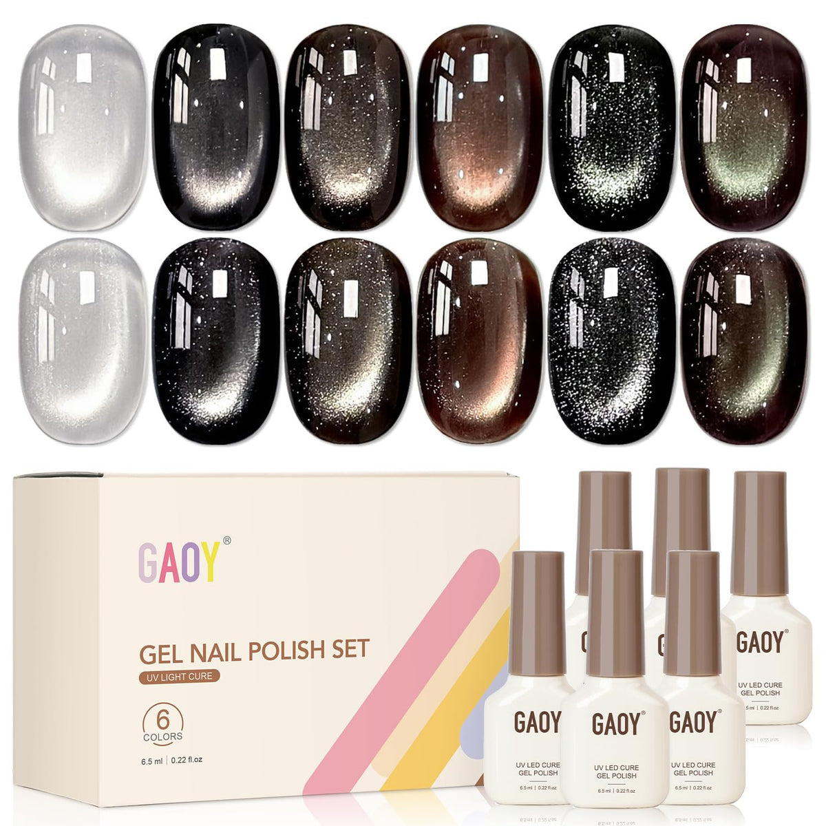 6-Color Cat Eye Gel Nail Polish Set with Magnet - Long-Lasting, Toxin-Free
