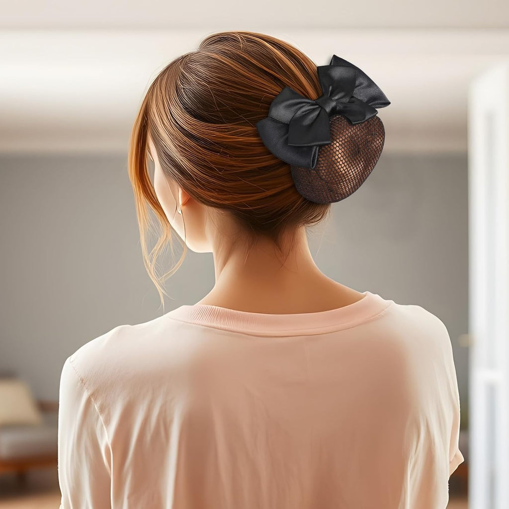 Women’s Satin Bow Hair Net for Buns - Black, Pack of 2