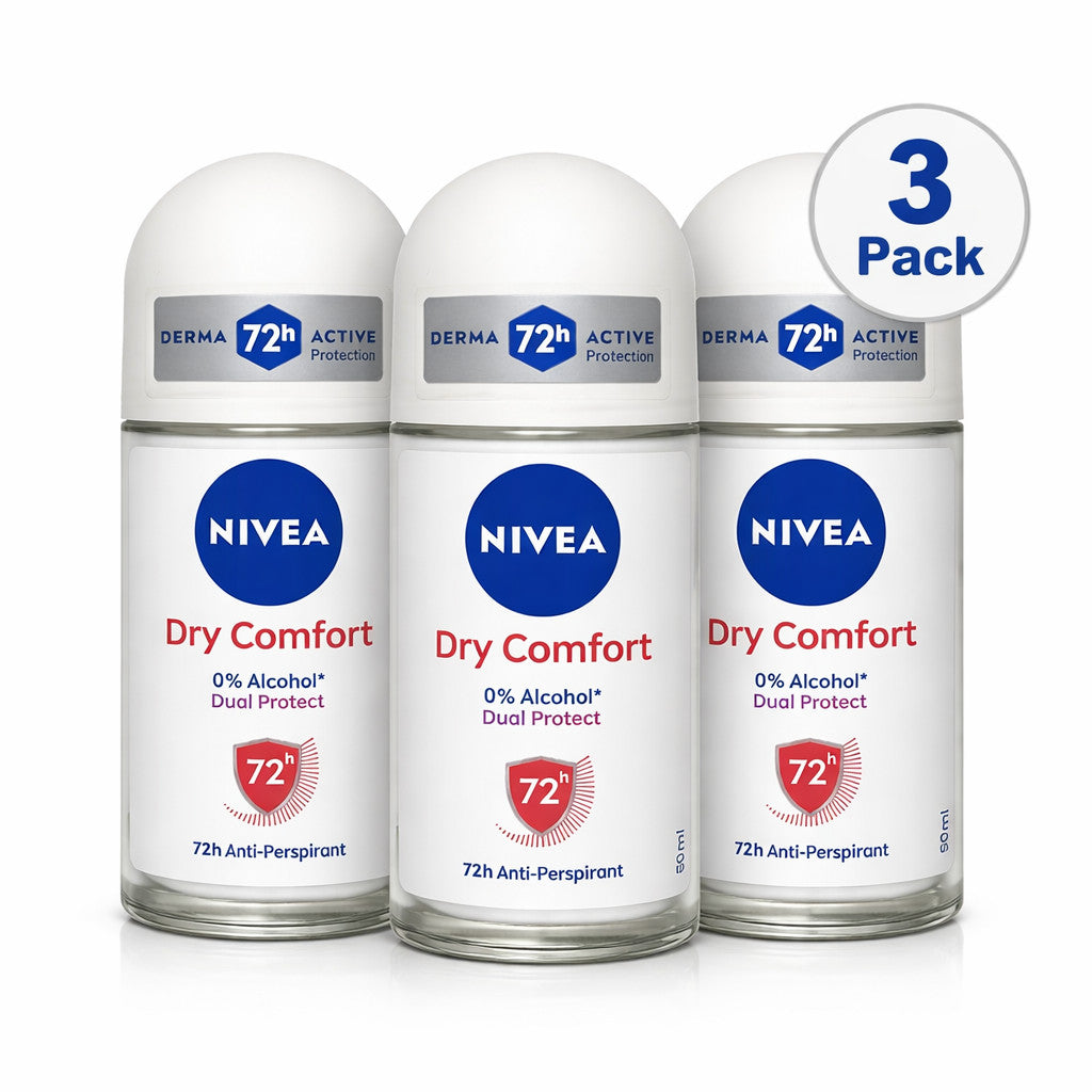 NIVEA Dry Comfort Roll-On Deodorant Pack - 72H Anti-Perspirant, Alcohol-Free, 3 x 50ml