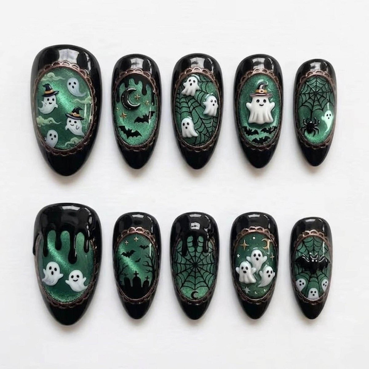 Halloween Handmade 3D Ghost Bat Web Press-On Nails with Custom Colors & Sizes