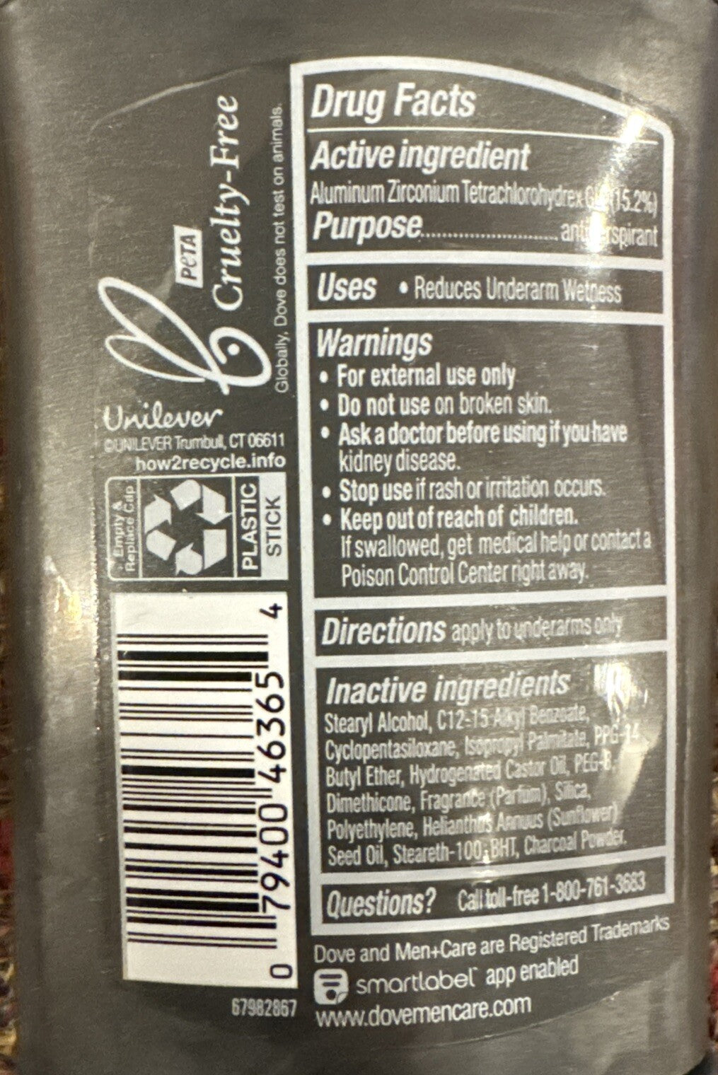 Dove Men+Care Charcoal Antiperspirant Deodorant 48H 2.7oz Pack of 4