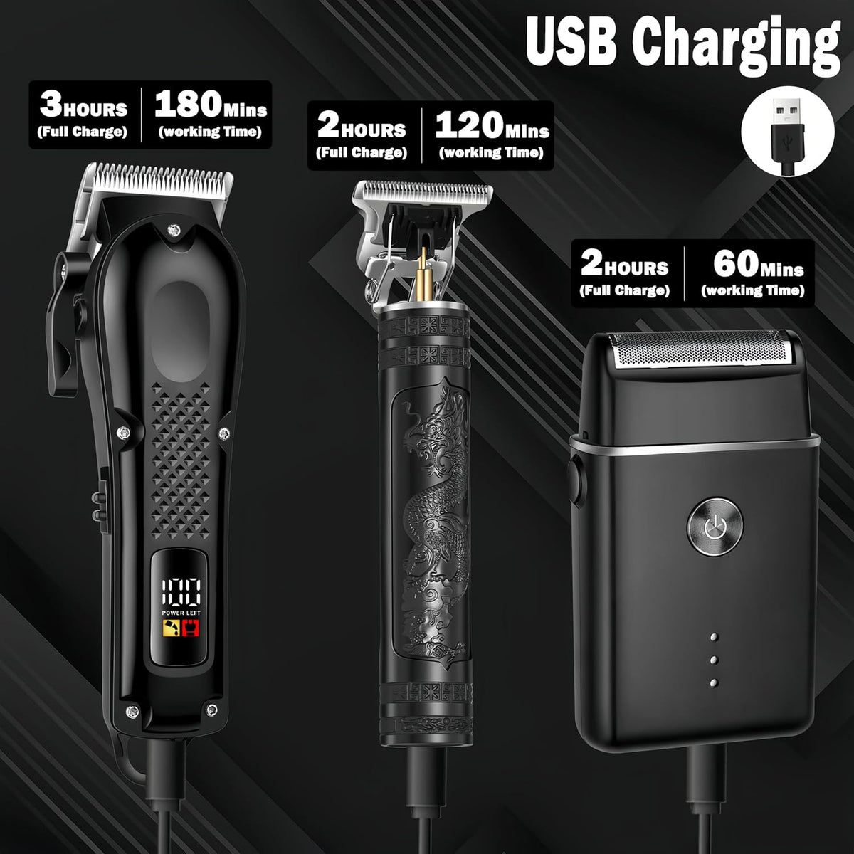 Cordless 3-in-1 Hair Clippers Grooming Kit with LED Display & Accessories