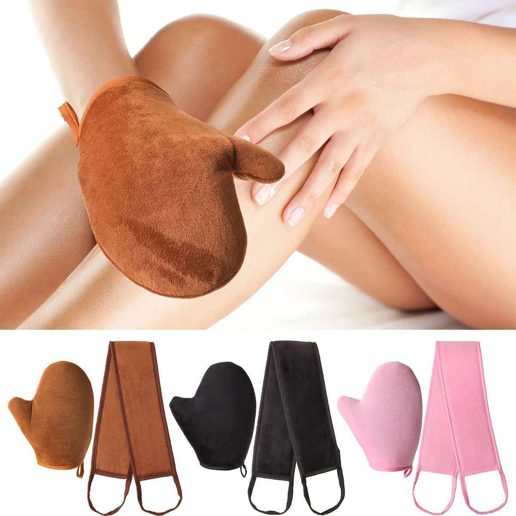 Self Tanning Lotion Applicator Mitt & Back Rubbing Strap Set for Even Sunless Tan