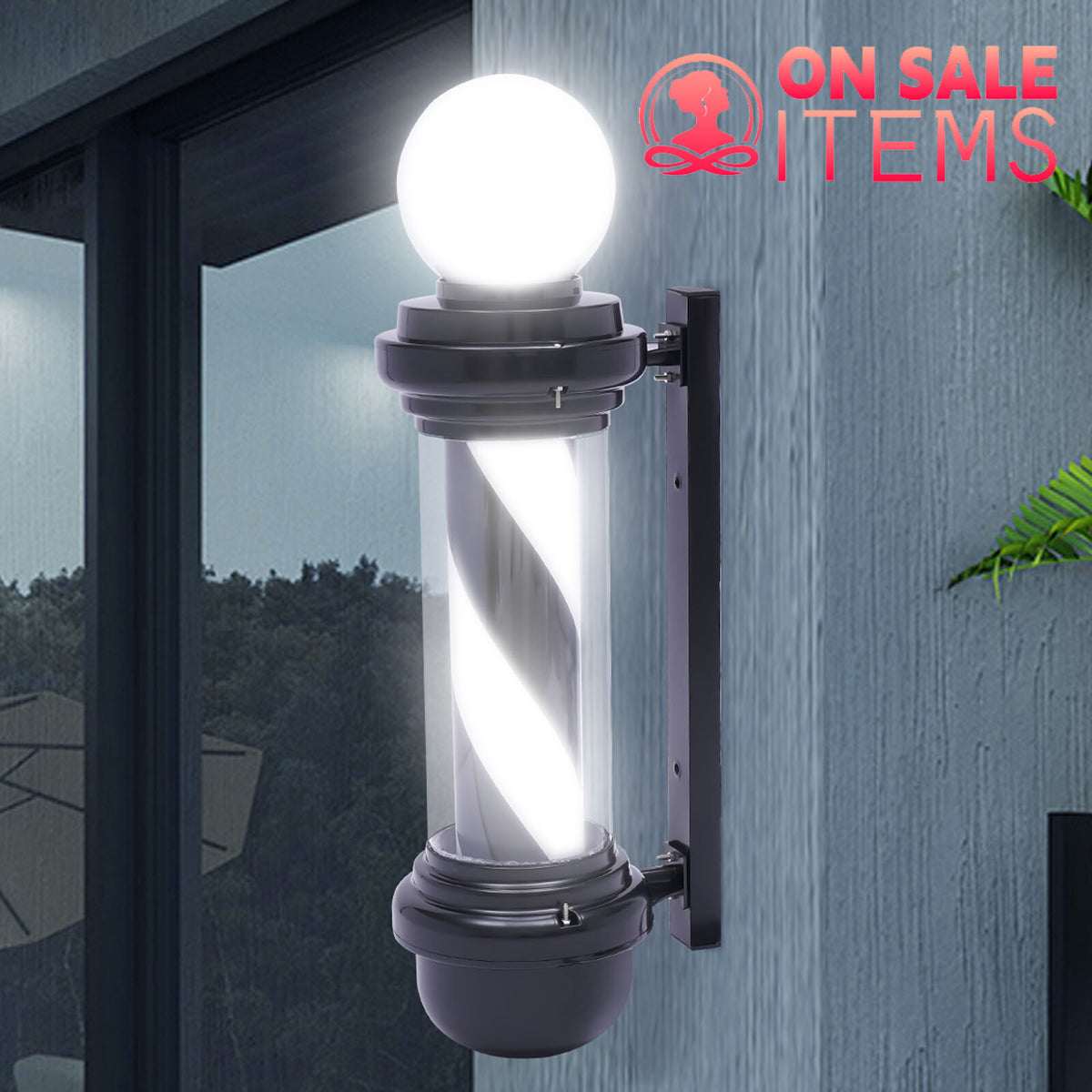 Outdoor LED Barber Pole Light Sign for Hair Salon & Barber Shop - Rotating Black & White Display