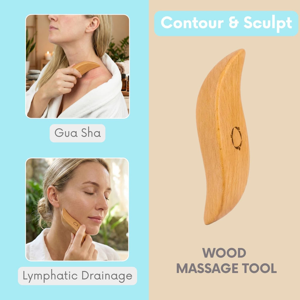 Lymphatic Drainage Body and Face Brush Set with Wooden Gua Sha - 4 Pieces