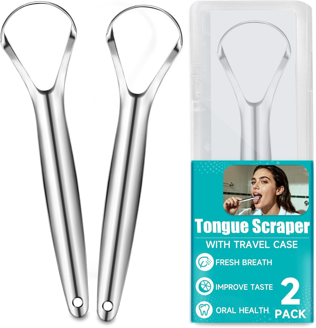 Stainless Steel Tongue Scraper 2 Pack - Oral Hygiene Cleaner with Travel Case