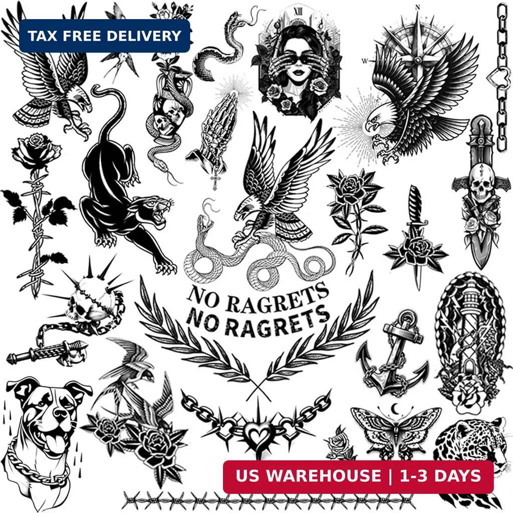 Large Black Old School Temporary Tattoos 300+ Pcs | Classic American Retro Stickers