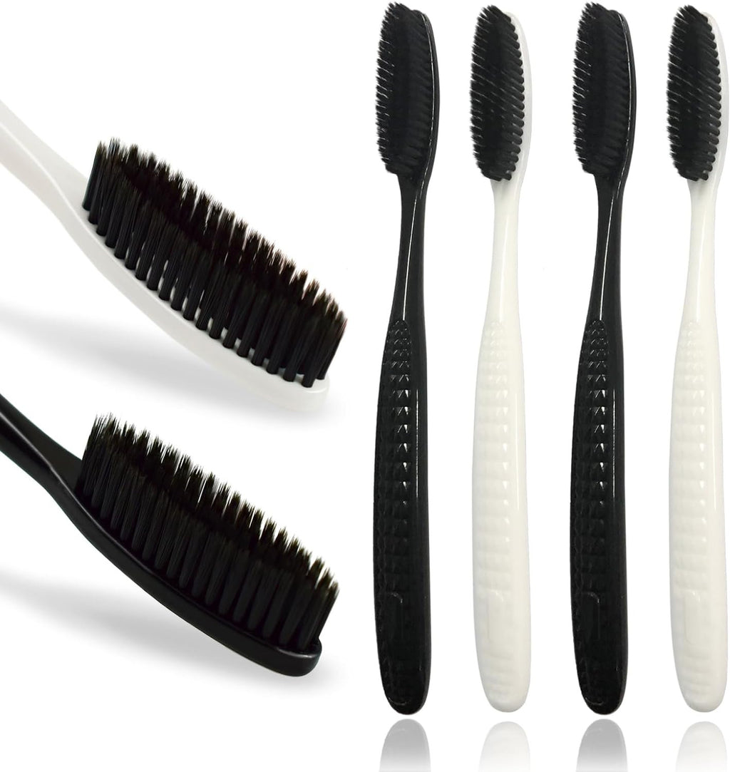 Large Long Head Toothbrush 4-Pack with Charcoal Bristles - Upgraded Firm Oral Care