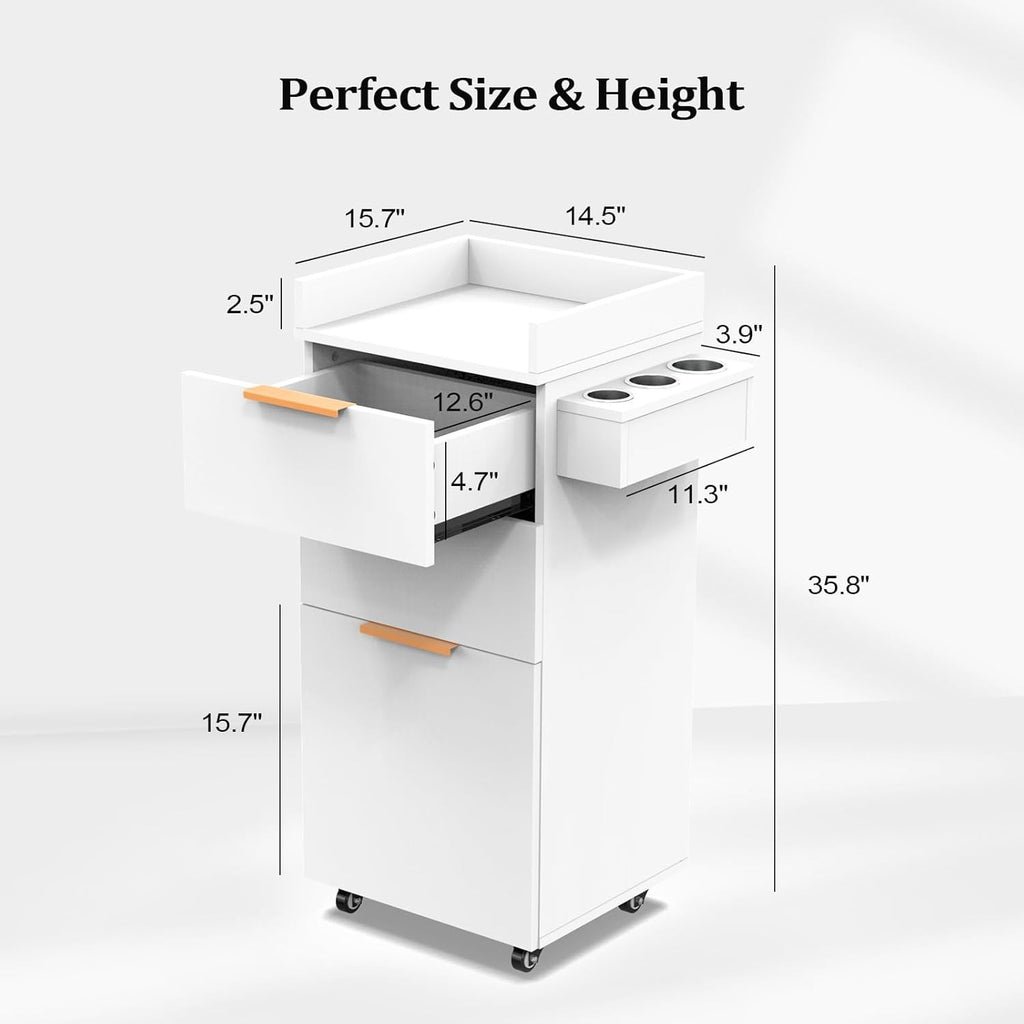 Salon Trolley Cart with Wheels, Storage Cabinet & Drawers - White Hair Cart