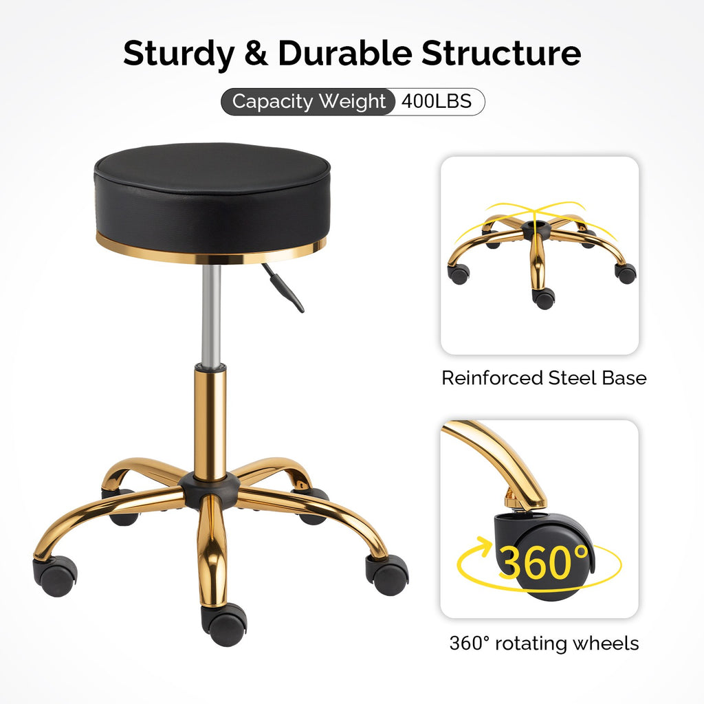 Adjustable Swivel Salon Stool with Wheels, Hydraulic Height - Black & Gold