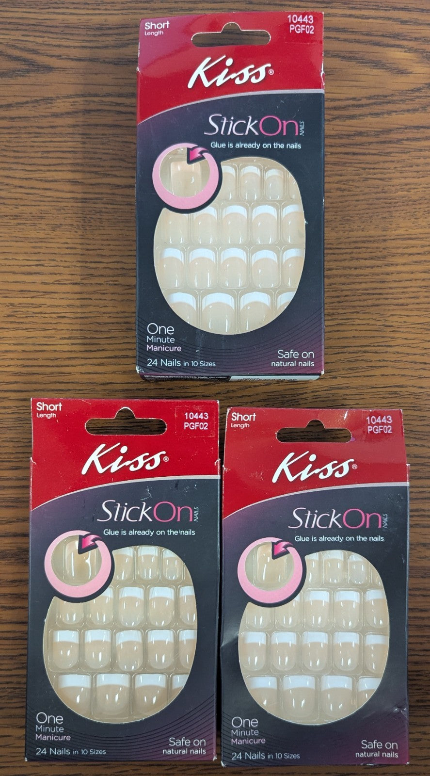 3-Pack Short Length Stick-On Fake Nails - 24 Nails Each, 10 Sizes