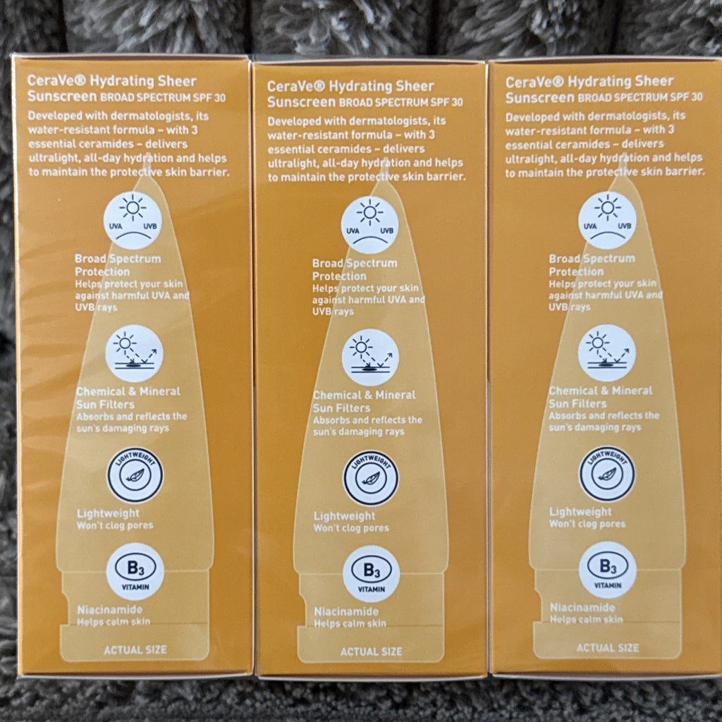 CeraVe Hydrating Sheer Sunscreen SPF 30 Face & Body Lot of 3 - 89 mL
