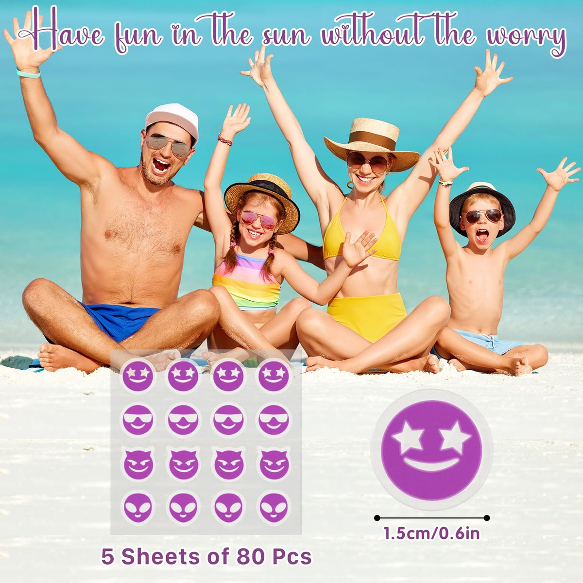80 Pcs Waterproof UV Sunscreen Detection Stickers for Kids & Adults